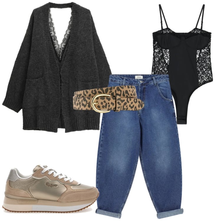 Outfit donna - Total look #2354800. Stile Urban per Tutti i giorni. Abbinamento con cinture, jeans, body, cardigans, sneakers.