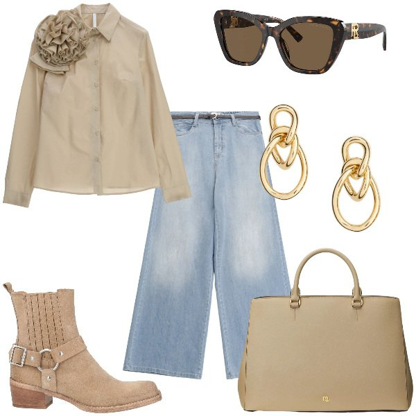 Outfit donna - Total look #2354801. per Tutti i giorni. Abbinamento con stivaletti texani, camicie, jeans, occhiali da sole, orecchini, borse a mano.