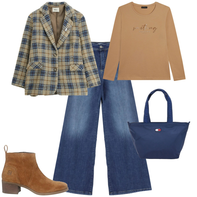 Outfit donna - Casual ufficio tempo libero. Stile Casual per Ufficio. Abbinamento con blazer, t-shirt, jeans, stivaletti, borse tote.