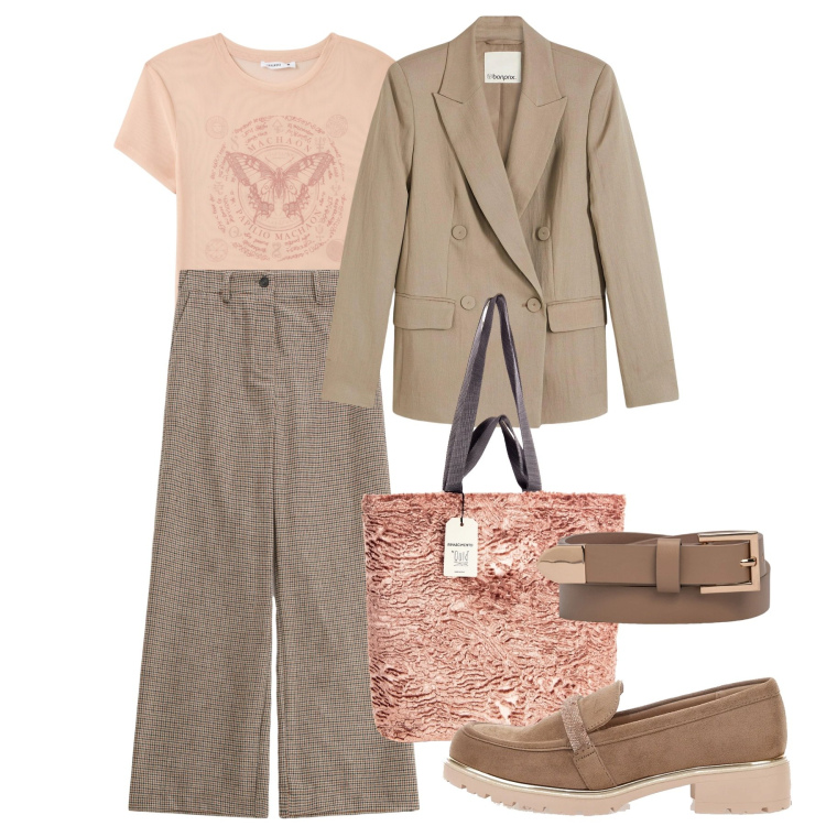 Outfit donna - Cipria. Stile Bon Ton per Tutti i giorni. Abbinamento con blazer, t-shirt, pantaloni a palazzo, borse tote, cinture, mocassini.