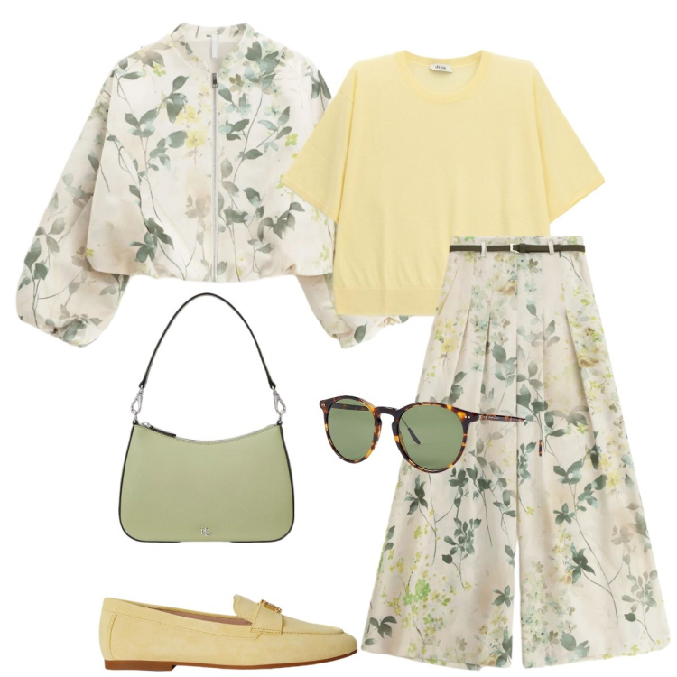 Outfit donna - Total look #2354810. Stile Casual chic per Tutti i giorni. Abbinamento con bomber, pantaloni a palazzo, t-shirt, mocassini, borse a spalla, occhiali da sole.