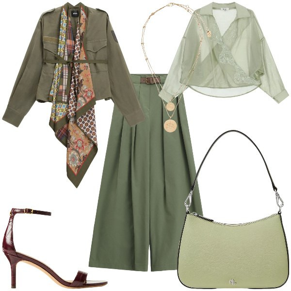 Outfit donna - Total look #2354811. Abbinamento con blazer, pantaloni a palazzo, camicie, ciondoli, borse a spalla, sandali in pelle.