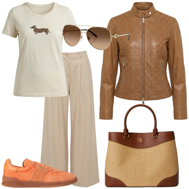 Outfit donna - Giacca in pelle. Stile Casual per Tutti i giorni. Abbinamento con giacche, t-shirt, pantaloni, occhiali da sole, sneakers, borse a mano.