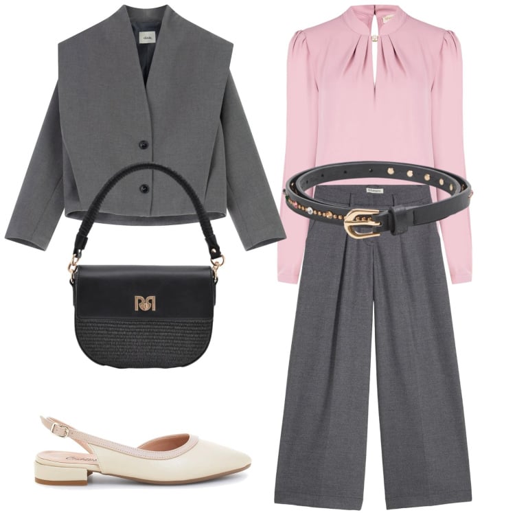 Outfit donna - Total look #2354813. Stile Chic per Ufficio. Abbinamento con pantaloni, cinture, borse a spalla, bluse, blazer, ballerine.