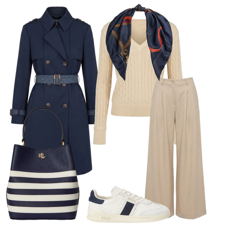 Outfit donna - Harmont&blaine- spring time. Stile Sporty chic per Ufficio. Abbinamento con trench, pullovers, pantaloni, borse a secchiello, sneakers, foulard.