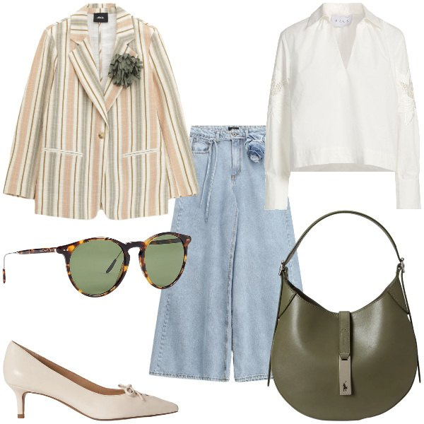 Outfit donna - Total look #2354815. Abbinamento con top, blazer, jeans, occhiali da sole, décolleté, borse a spalla.