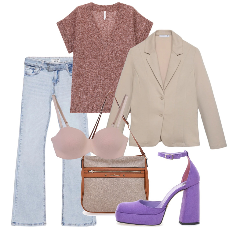 Outfit donna - Primavera. Stile Casual chic per Tutti i giorni. Abbinamento con reggiseni, blazer, jeans a zampa, maglieria, décolleté, borse a tracolla.