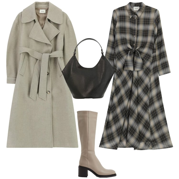 Outfit donna - Casual ufficio tempo libero. Stile Casual per Ufficio. Abbinamento con stivali, vestiti midi/longuette, borse a spalla, cappotti.