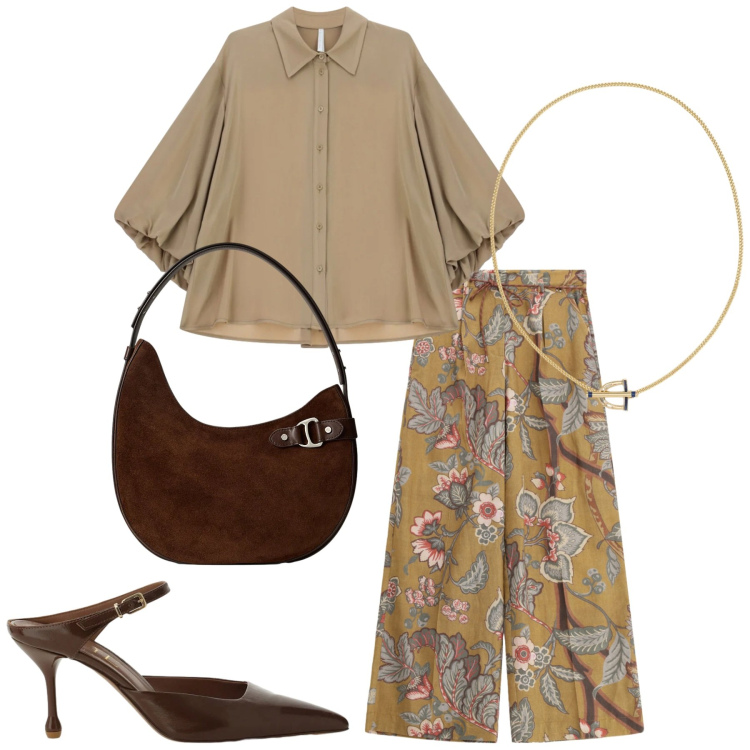 Outfit donna - Total look #2354819. Stile Etnico per Ufficio. Abbinamento con camicie, pantaloni a palazzo, décolleté, borse a spalla, ciondoli.