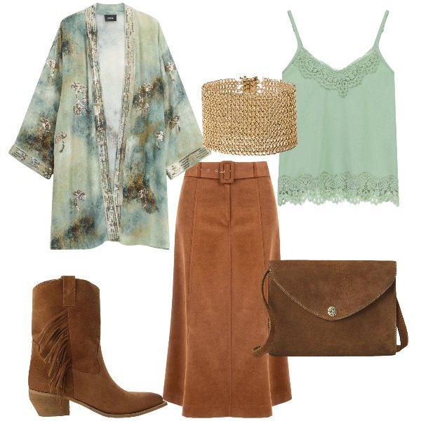 Outfit donna - Total look #2354820. Abbinamento con blazer, top, stivali, gonne longuette, borse a tracolla, braccialetti.