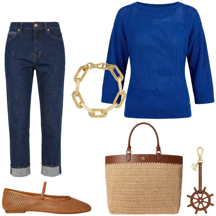 Outfit donna - Blu cobalto. Stile Casual chic per Tutti i giorni. Abbinamento con jeans, maglieria, braccialetti, portachiavi, ballerine, borse tote.