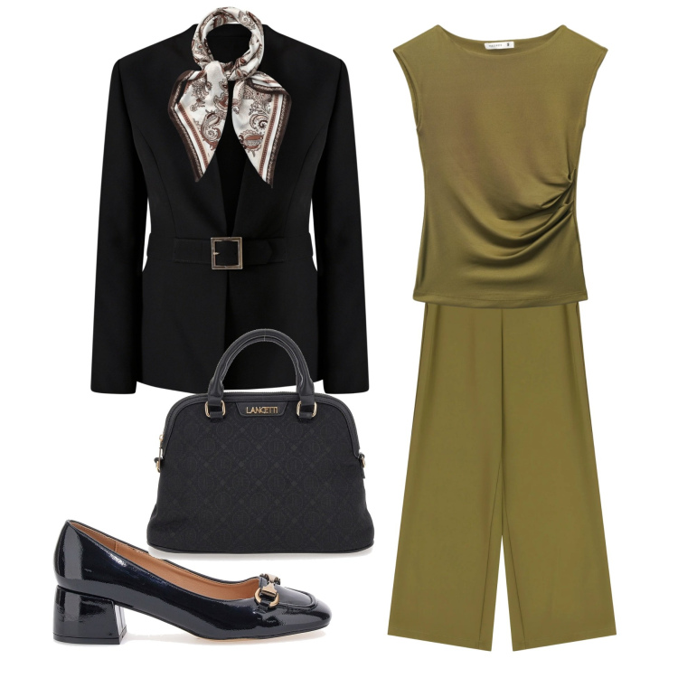 Outfit donna - Verde oliva In primo piano. Stile Bon Ton per Ufficio. Abbinamento con foulard, top, pantaloni a palazzo, blazer, ballerine, borse a tracolla.