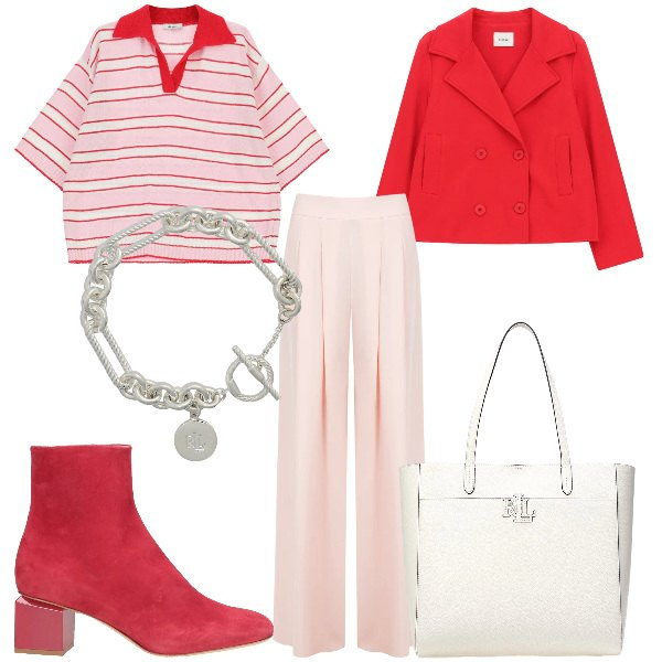 Outfit donna - Total look #2354826. Abbinamento con stivaletti, blazer, top, pantaloni a palazzo, braccialetti, borse tote.