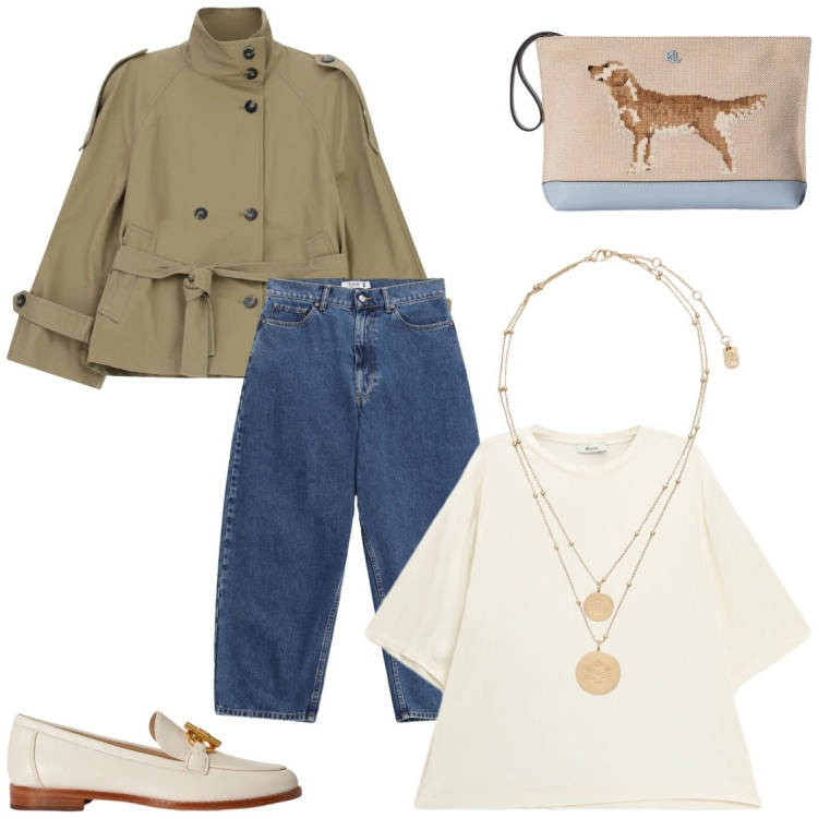 Outfit donna - Cropped trench. Stile Urban per Tutti i giorni. Abbinamento con trench, t-shirt, jeans, ciondoli, mocassini, pochette.