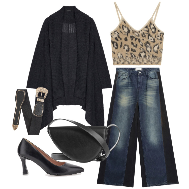 Outfit donna - Marzo. Stile Trendy per Tutti i giorni. Abbinamento con borse a tracolla, cinture, top, cardigans, jeans a zampa, décolleté.