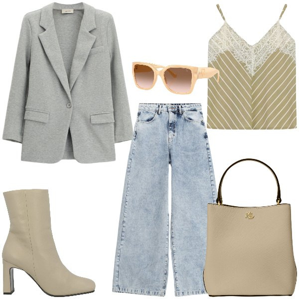 Outfit donna - Total look #2354832. Abbinamento con stivaletti, blazer, jeans, top, occhiali da sole, borse a secchiello.