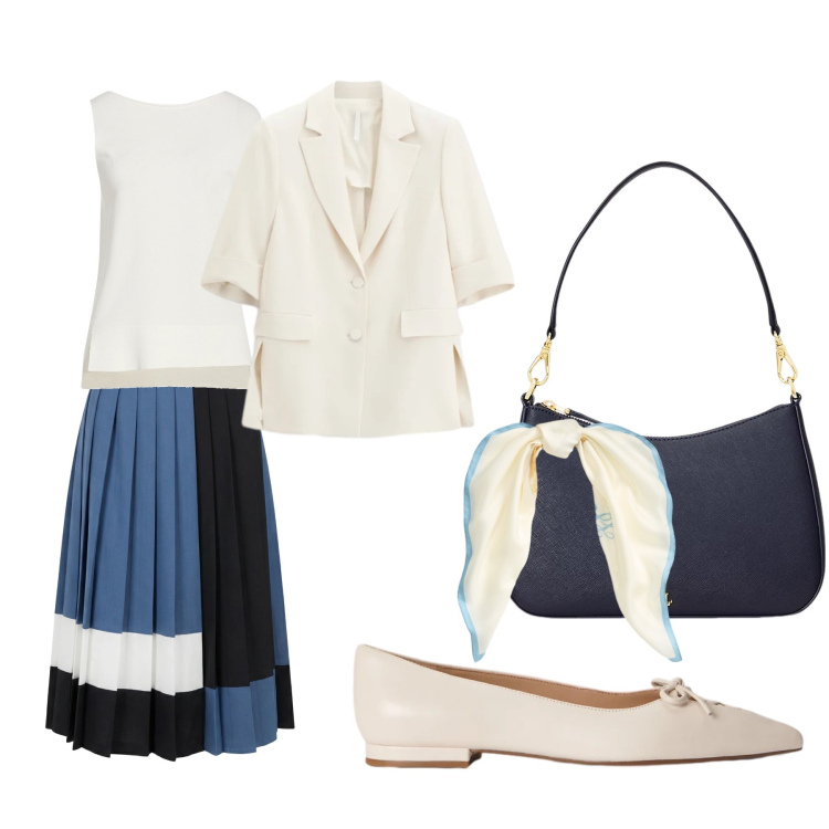 Outfit donna - Bon ton. Stile Bon Ton per Ufficio. Abbinamento con pullovers, gonne longuette, blazer, borse a spalla, foulard, ballerine.