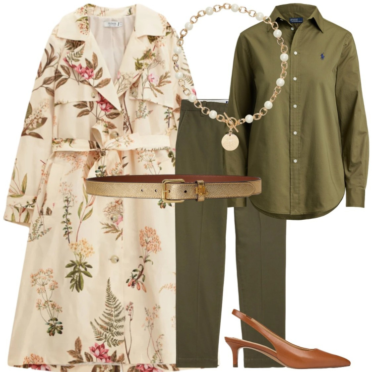 Outfit donna - Trench floreale. Stile Casual chic per Tutti i giorni. Abbinamento con trench, pantaloni chino, camicie, collane, décolleté, cinture.
