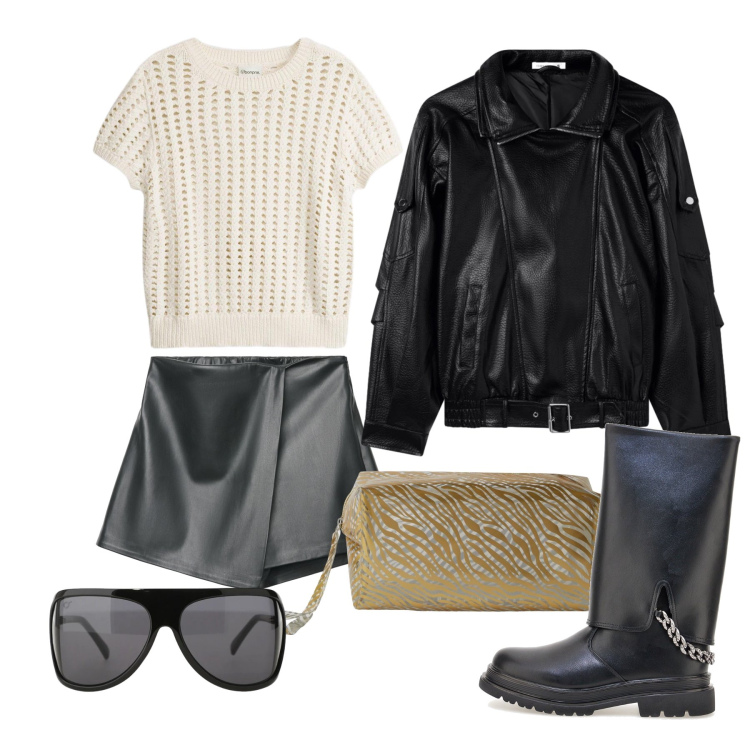 Outfit donna - Marzo. Stile Trendy per Tutti i giorni. Abbinamento con bluse, pochette, gonne, giacche, occhiali da sole, stivali sopra il ginocchio.