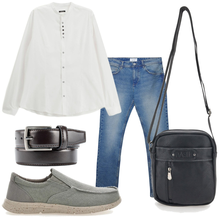Outfit uomo - Uscita. Stile Trendy per Tutti i giorni. Abbinamento con jeans dritti, camicie, portafogli, cinture, scarpe stringate.