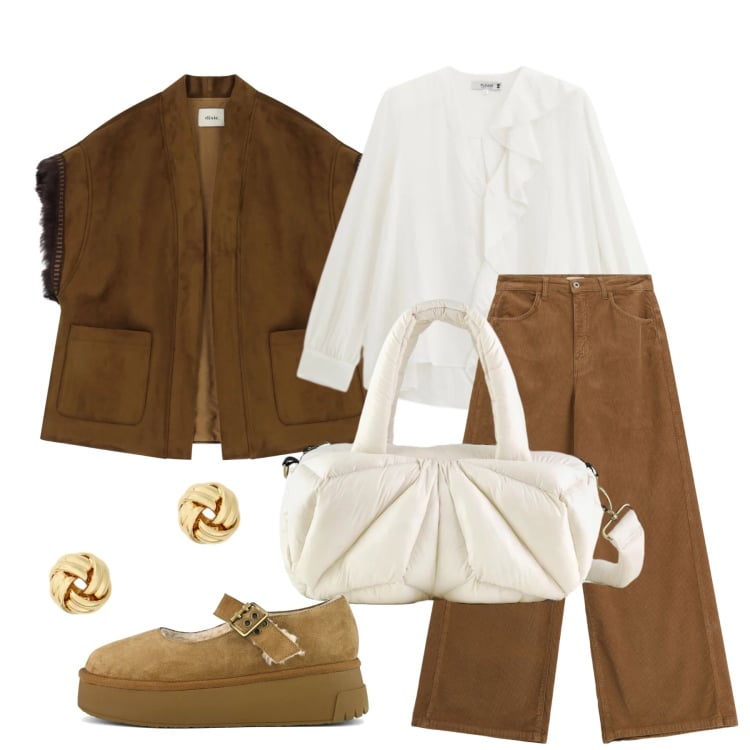 Outfit donna - Marzo. Stile Trendy per Tutti i giorni. Abbinamento con gilet, pantaloni a palazzo, bluse, borse a mano, orecchini, décolleté.