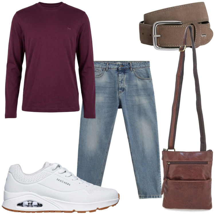 Outfit uomo - In giro. Stile Casual per Tutti i giorni. Abbinamento con t-shirt, cinture, jeans, portafogli, sneakers.