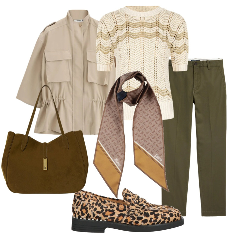 Outfit donna - Giungla urbana. Stile Glamour per Tutti i giorni. Abbinamento con sciarpe, mocassini, parka, t-shirt, pantaloni chino, borse tote.