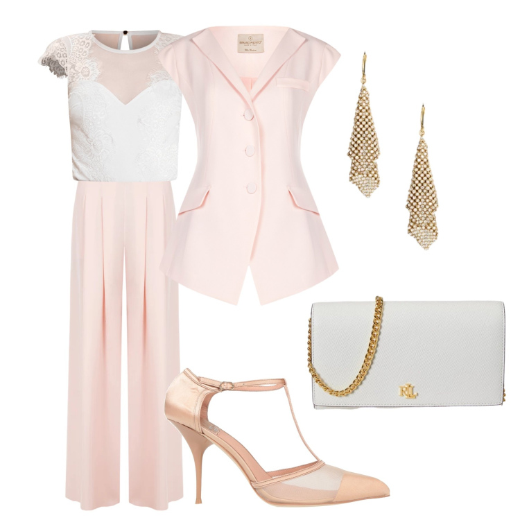 Outfit donna - La comunione di sky. Stile Chic per Cerimonia. Abbinamento con décolleté, gilet, pantaloni a palazzo, body, borse a tracolla, orecchini.