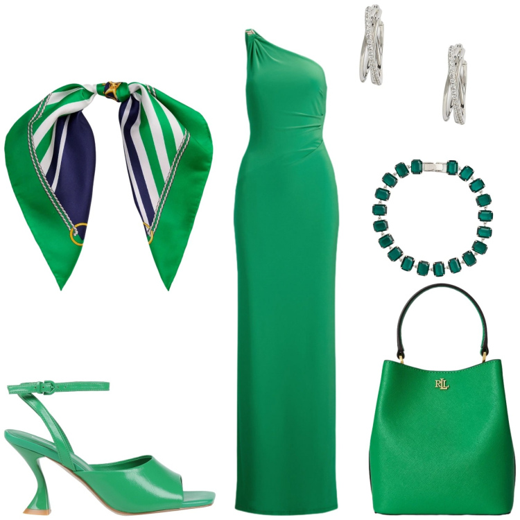 Outfit donna - Cerimonia in verde. Stile Chic per Cerimonia. Abbinamento con sandali in pelle, vestiti asimmetrici, braccialetti, borse a secchiello, foulard, orecchini.