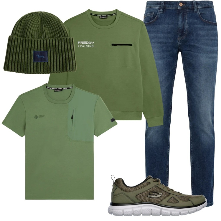 Outfit uomo - Gladio: Green.. Stile Urban per Tutti i giorni. Abbinamento con jeans, berretti, felpe, t-shirt, sneakers.