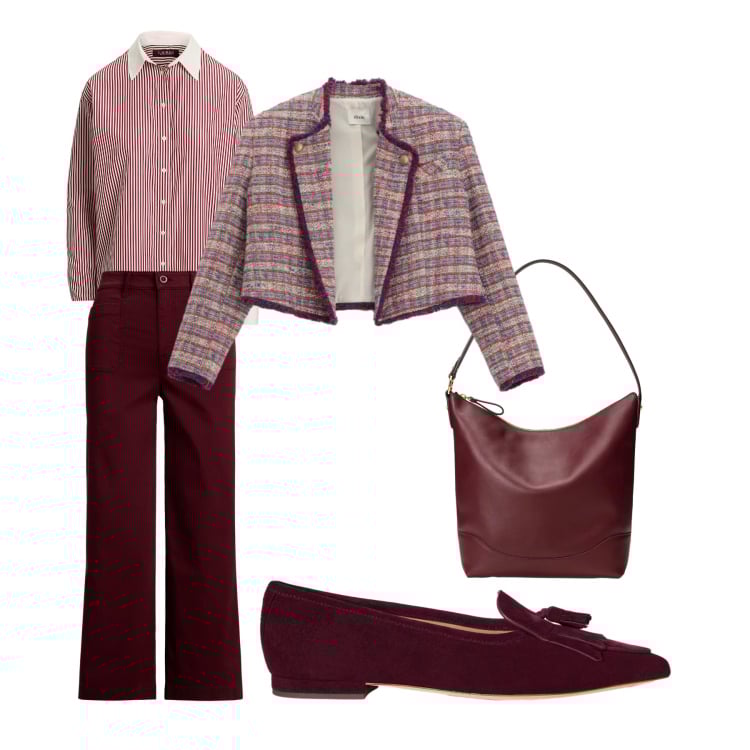 Outfit donna - Col blazer in ufficio. Stile Casual per Ufficio. Abbinamento con ballerine, pantaloni, borse a secchiello, camicie, blazer.