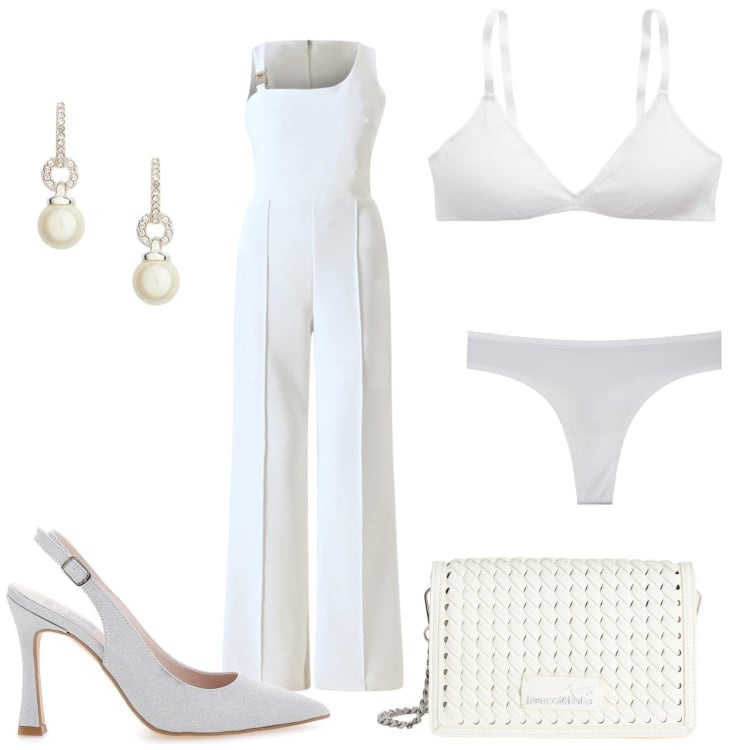 Outfit donna - In bianco vestita. Stile Chic per Cerimonia. Abbinamento con borse a tracolla, perizomi, tute, reggiseni, orecchini, décolleté.