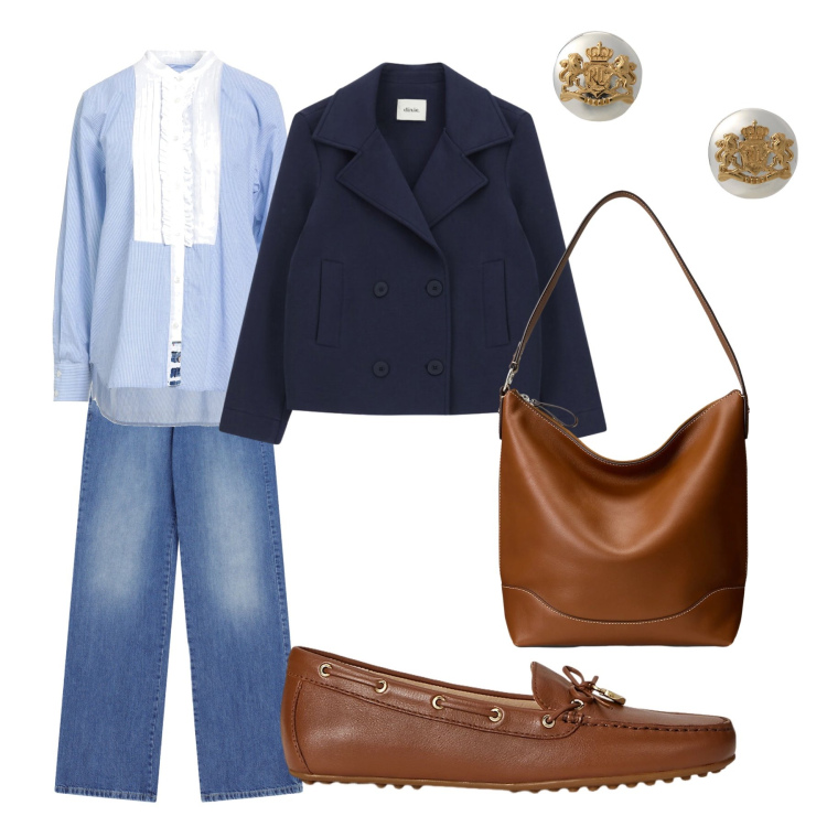 Outfit donna - Gentleman. Stile Casual per Tutti i giorni. Abbinamento con camicie, blazer, jeans dritti, mocassini, orecchini, borse a secchiello.