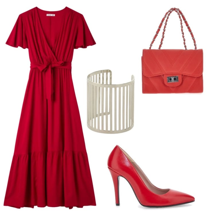 Outfit donna - Arianna: rosso di sera.. Stile Romantica per Serata fuori. Abbinamento con vestiti lunghi, braccialetti, borse a tracolla, décolleté.