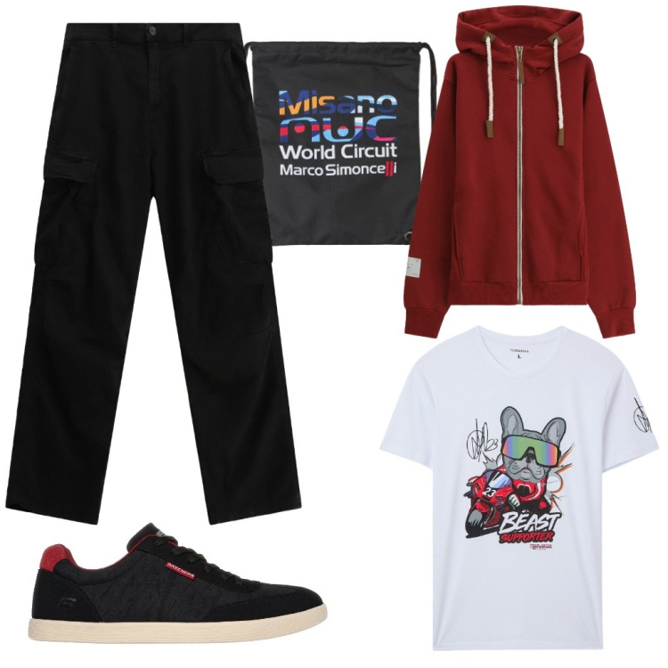 Outfit uomo - Gianni: Sic nel cuore.. Stile Urban per Tutti i giorni. Abbinamento con borse sportive, t-shirt, pantaloni cargo, felpe con cappuccio, scarpe stringate.