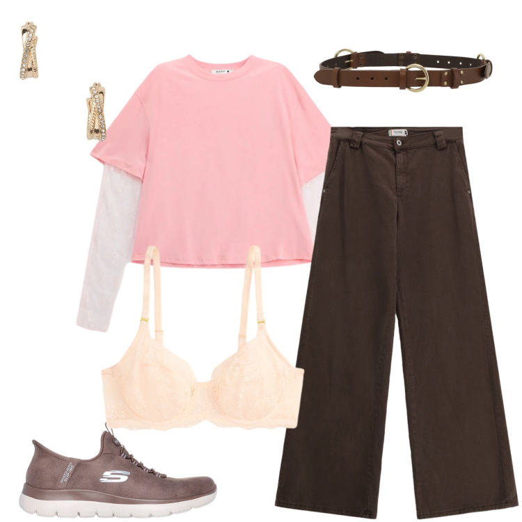 Outfit donna - Contrasti Contemporanei. Stile Urban per Tutti i giorni. Abbinamento con cinture, t-shirt, pantaloni a palazzo, orecchini, reggiseni, sneakers.