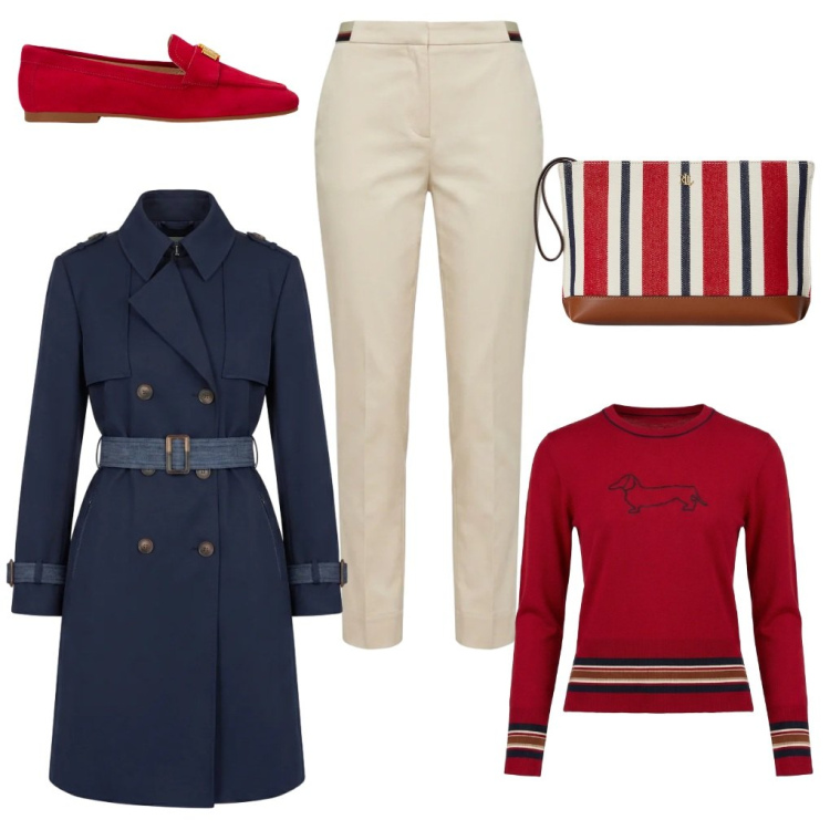 Outfit donna - Agata: a volte basta poco.. Stile Casual chic per Ufficio. Abbinamento con pantaloni chino, maglieria, trench, pochette, mocassini.