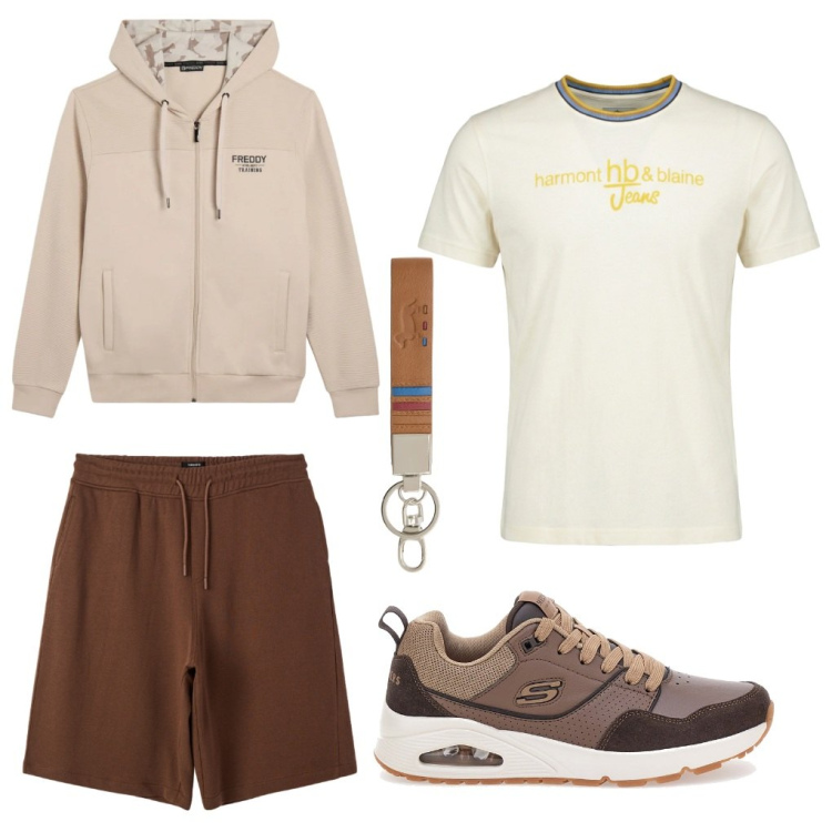Outfit uomo - Harry: in palestra.. Stile Urban per Tutti i giorni. Abbinamento con t-shirt, portachiavi, bermuda, felpe con cappuccio, sneakers.