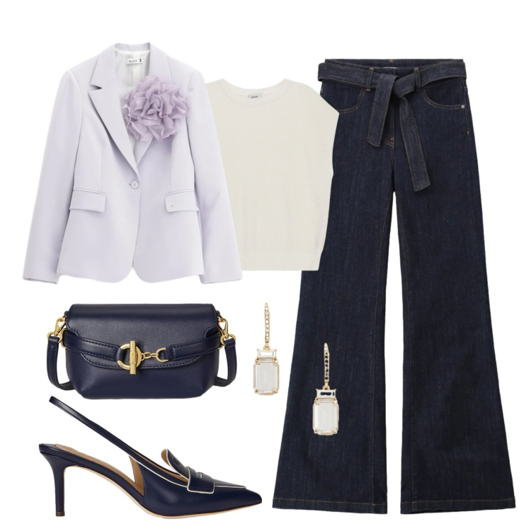 Outfit donna - Bantoa SS26. Stile Romantica per Serata fuori. Abbinamento con top, blazer, jeans a zampa, décolleté, borse a tracolla, orecchini.