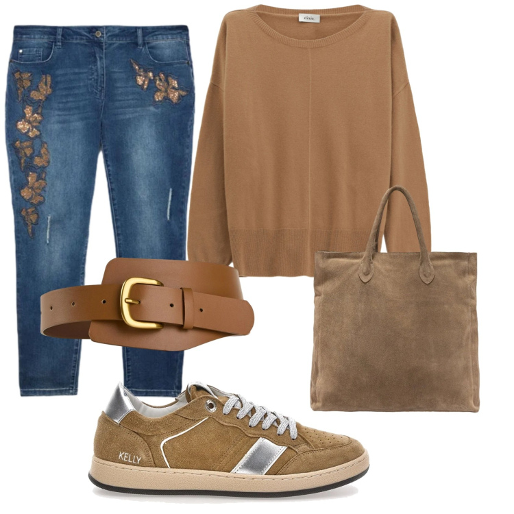 Outfit donna - Total look #2354890. Stile Casual per Ufficio. Abbinamento con cinture, jeans skinny, maglieria, sneakers, borse a mano.