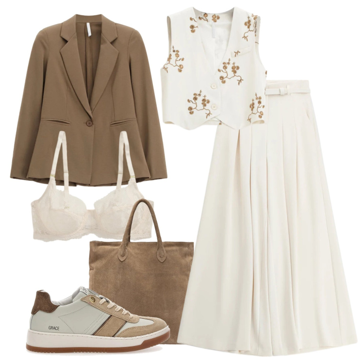 Outfit donna - Serata informale. Stile Casual chic per Serata fuori. Abbinamento con pantaloni a palazzo, gilet, blazer, reggiseni, borse a mano, sneakers.