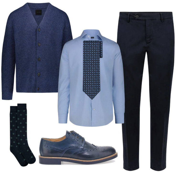 Outfit uomo - Federico: in ufficio in cardigan.. Stile Casual per Tutti i giorni. Abbinamento con cardigans, pantaloni chino, scarpe stringate, cravatte, camicie, calzini.