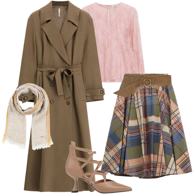 Outfit donna - Trench a marzo. Stile Casual chic per Tutti i giorni. Abbinamento con décolleté, sciarpe, trench, top, gonne lunghe, cinture.