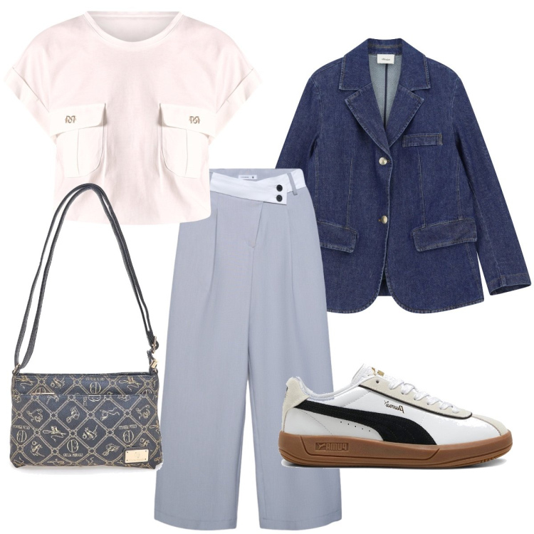 Outfit donna - Total look #2354900. Stile Casual chic per Tutti i giorni. Abbinamento con pantaloni, blazer, t-shirt, sneakers, borse a tracolla.