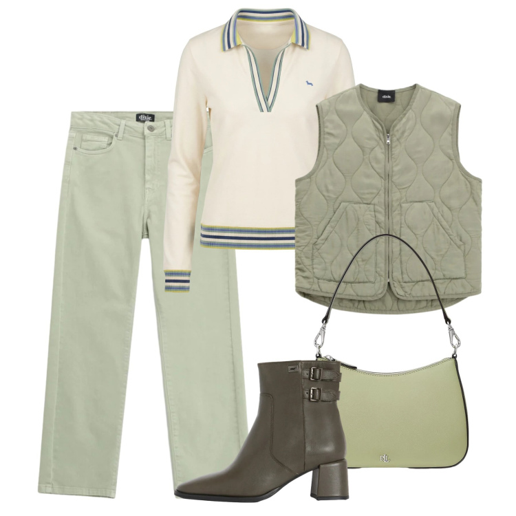 Outfit donna - Gilet trapuntato in primavera. Stile Casual per Tutti i giorni. Abbinamento con polo, stivaletti, jeans dritti, gilet, borse a spalla.