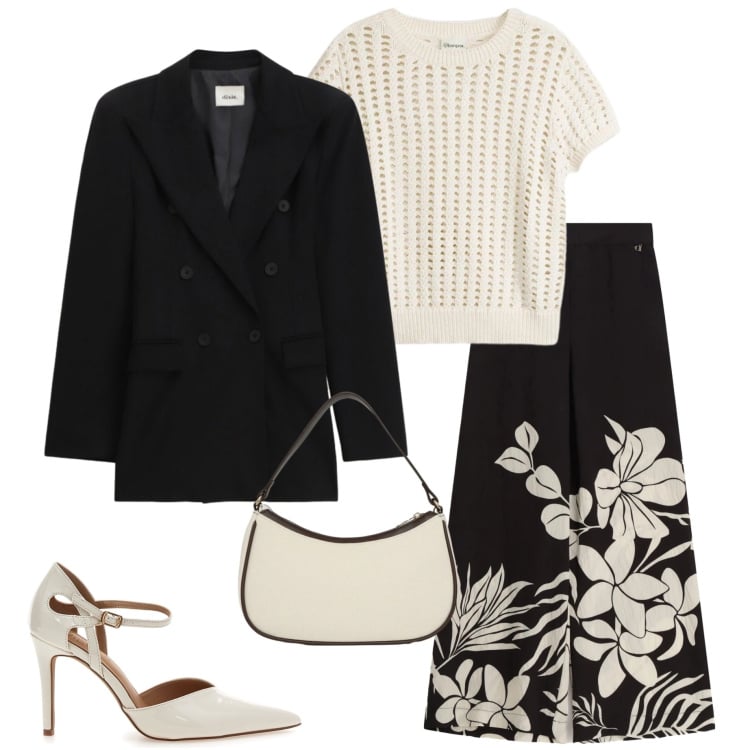 Outfit donna - Fantasia floreale. Stile Chic per Serata fuori. Abbinamento con bluse, borse a tracolla, blazer, pantaloni a palazzo, décolleté.