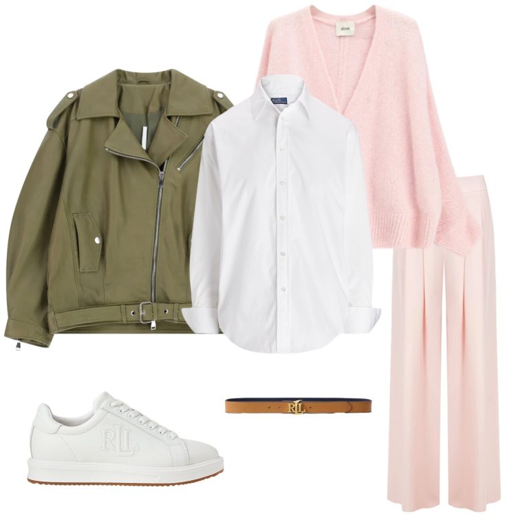 Outfit donna - Urban Pastel. Stile Casual chic per Tutti i giorni. Abbinamento con giacche, cardigans, pantaloni a palazzo, camicie, sneakers, cinture.