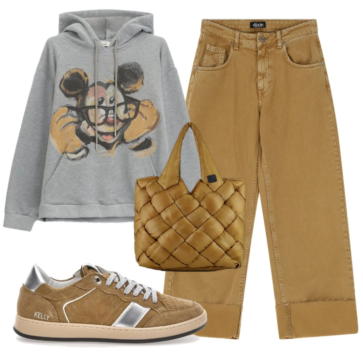 Outfit donna - Total look #2354906. Stile Casual per Scuola/Università. Abbinamento con pantaloni a palazzo, felpe con cappuccio, borse tote, sneakers.