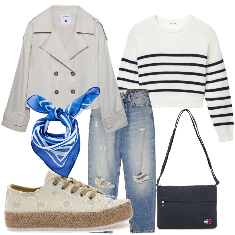 Outfit donna - BASIC. Stile Basic per Tutti i giorni. Abbinamento con foulard, caban, maglieria, jeans mom, sneakers, borse a tracolla.