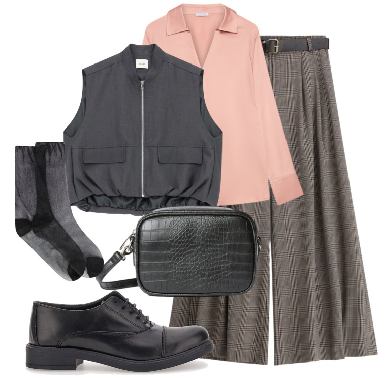 Outfit donna - Francesine nere. Stile Casual chic per Scuola/Università. Abbinamento con pantaloni a palazzo, camicie, borse a tracolla, blazer, scarpe stringate, calzini.